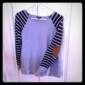 Striped Sleeve Grey Sweater w/ Tan Elbow Patches